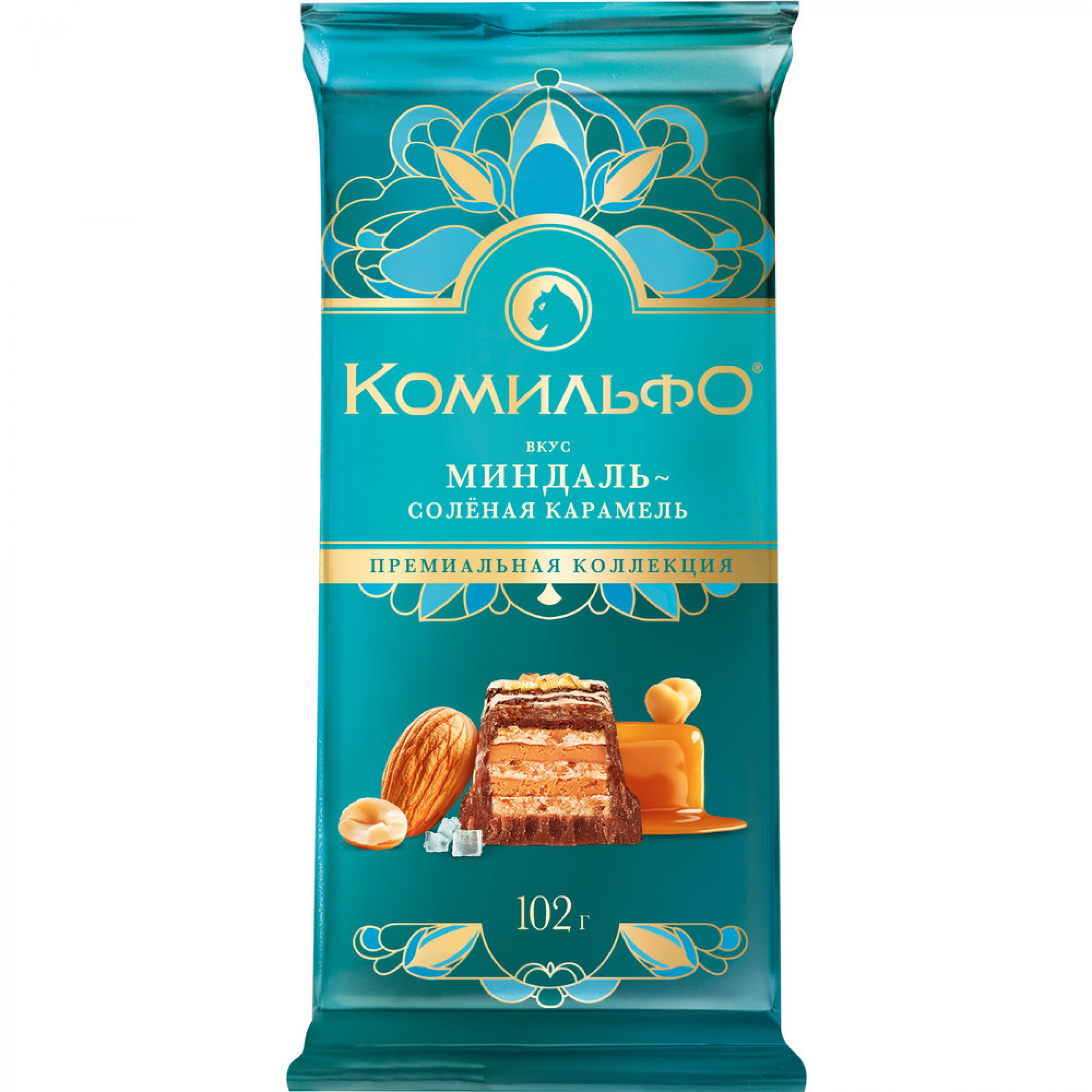 Шоколад Комильфо. Молочный и белый шоколад с вафлей, со вкусами миндаля и солёной карамели, декорированный миндалём и арахисом, 102гр