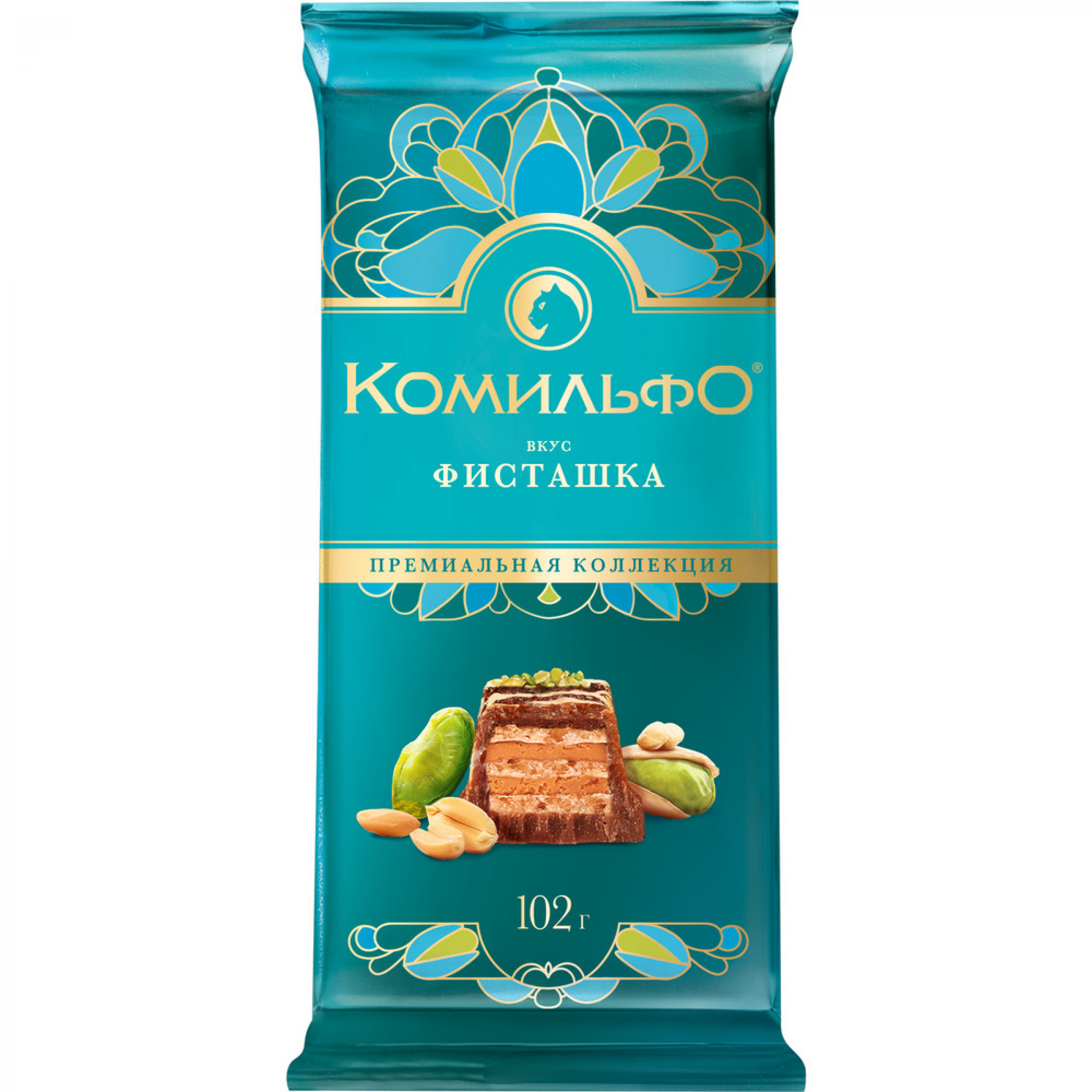 Шоколад Комильфо. Молочный и белый шоколад с вафлей, со вкусом фисташки, декорированный фисташкой и арахисом, 102гр