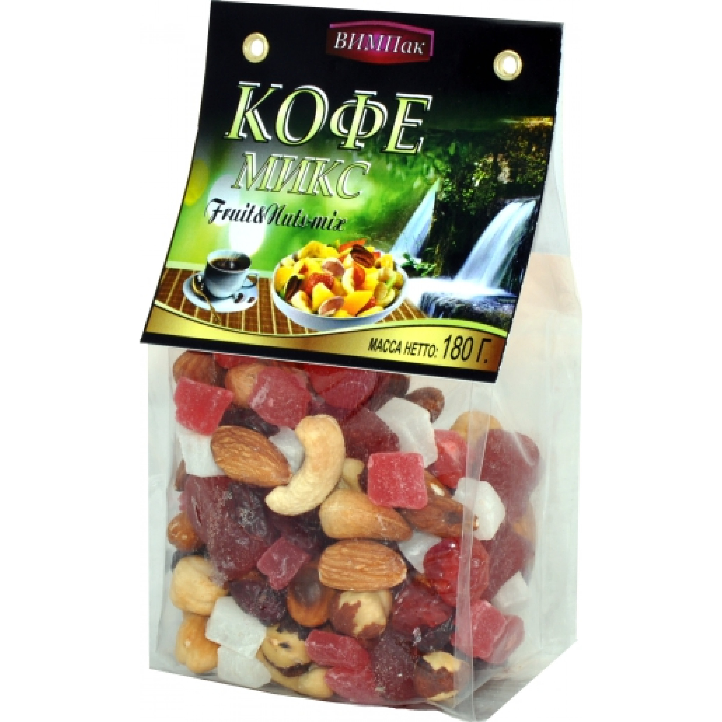 Смесь из сушеных фруктов с орехами Koffi - mix ВИМПак (клюква, вишня, изюм белый, папая, кокос, миндаль жарен.,кешью жарен.,фундук жарен.) Автонов, 180гр
