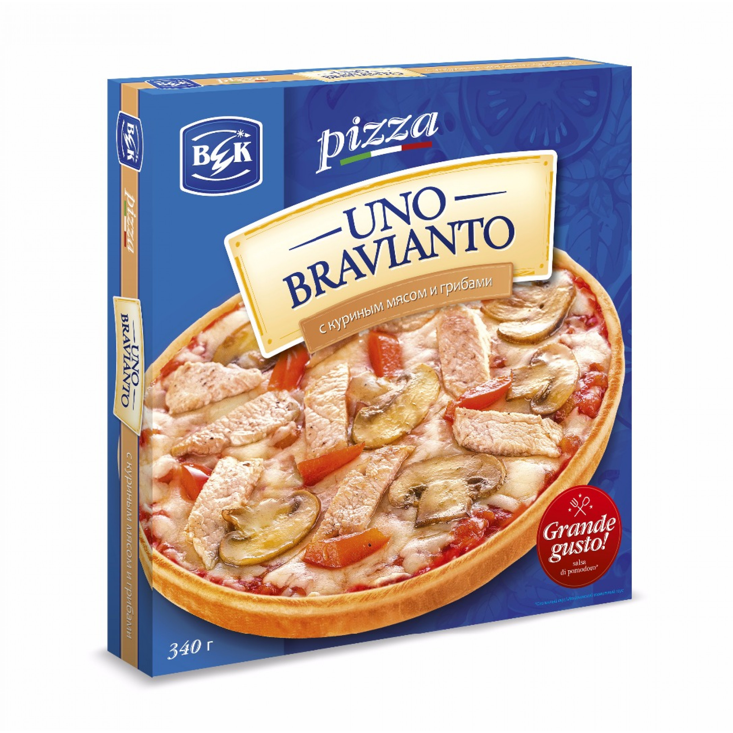 Пицца UnoBravianto с куриным мясом и грибами в коробочке, 175гр