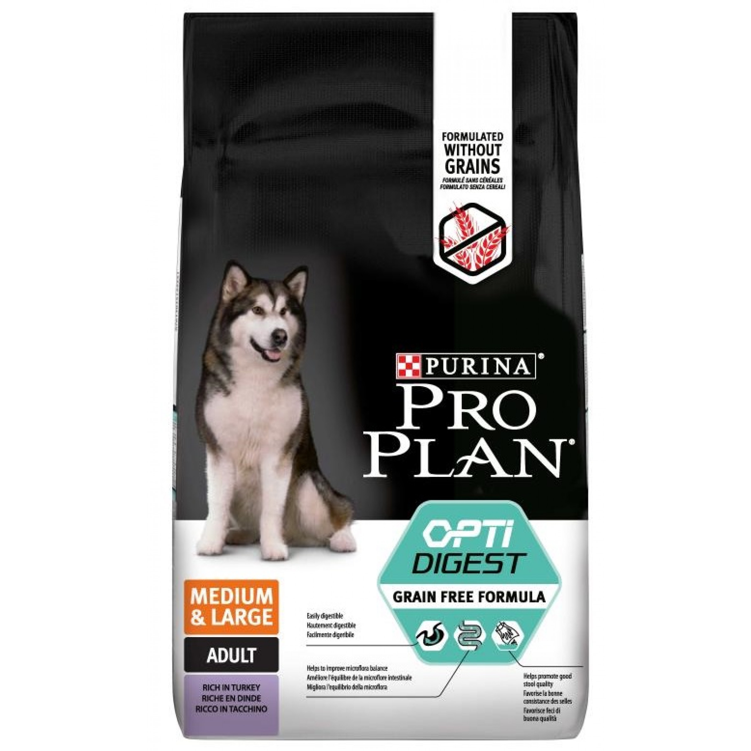 Сухой корм для взрослых собак средних и крупных пород с индейкой для чувствительного пищеварения Purina Pro Plan Grain Free, 12кг