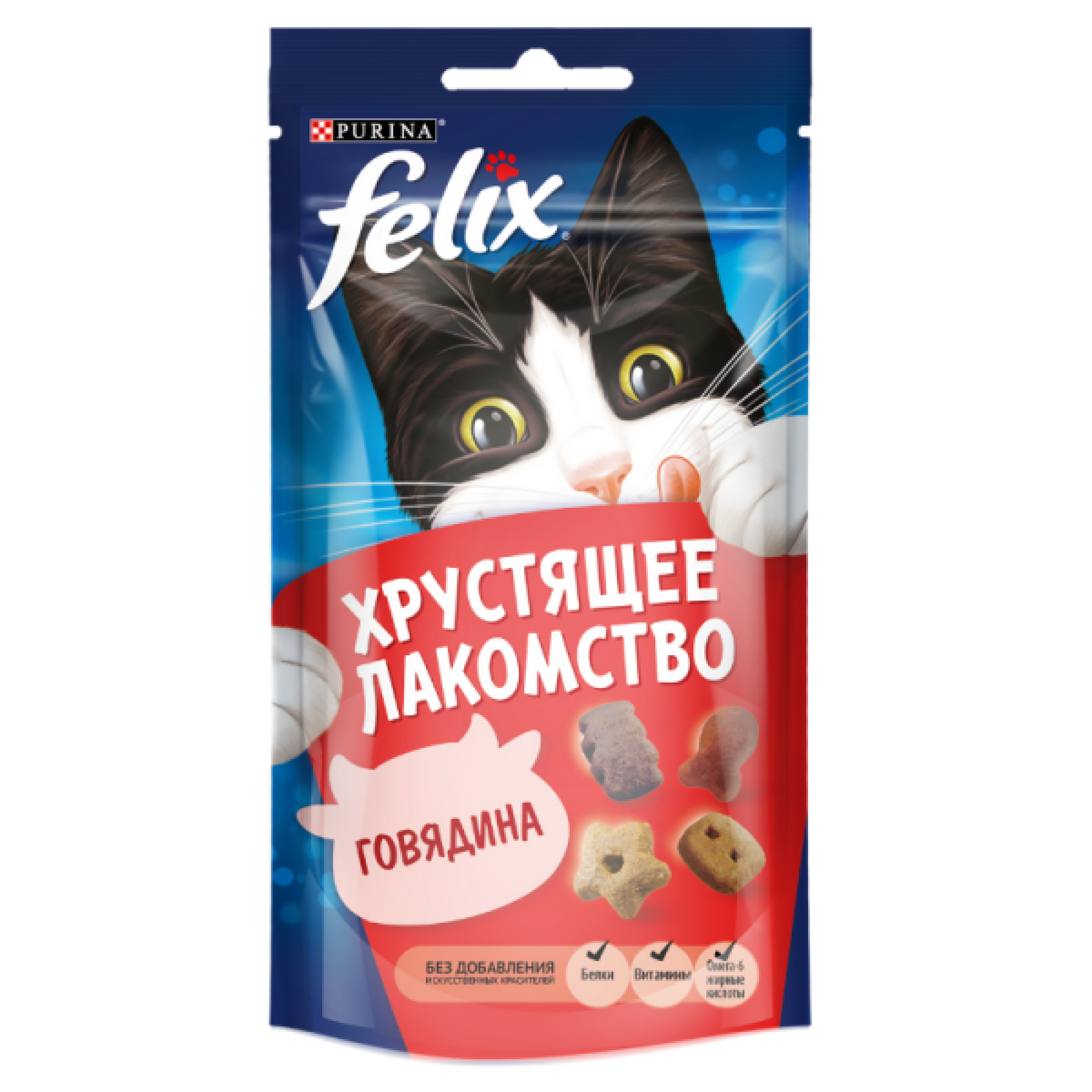 Хрустящее Лакомство Felix для взрослых кошек с говядиной, 60г
