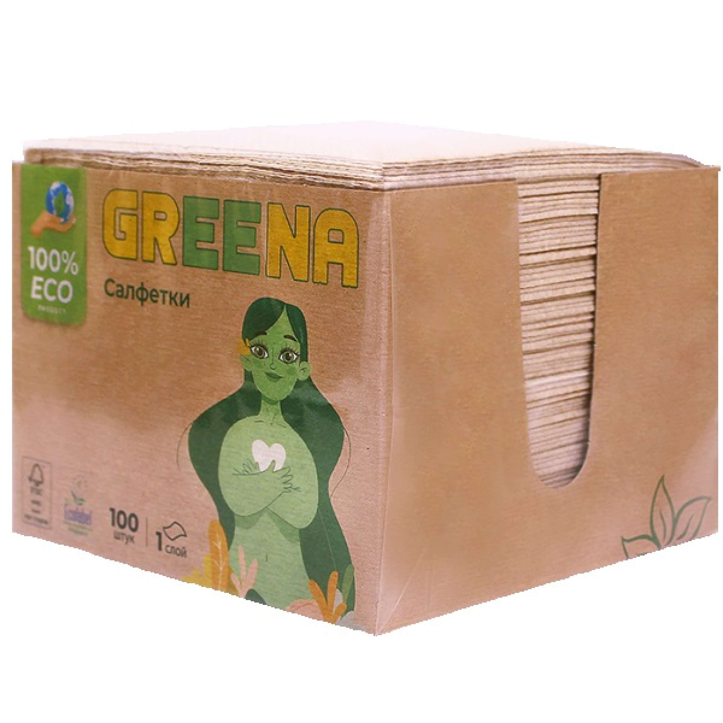 Салфетки бумажные Greena в коробке 1-слойные, 100 листов
