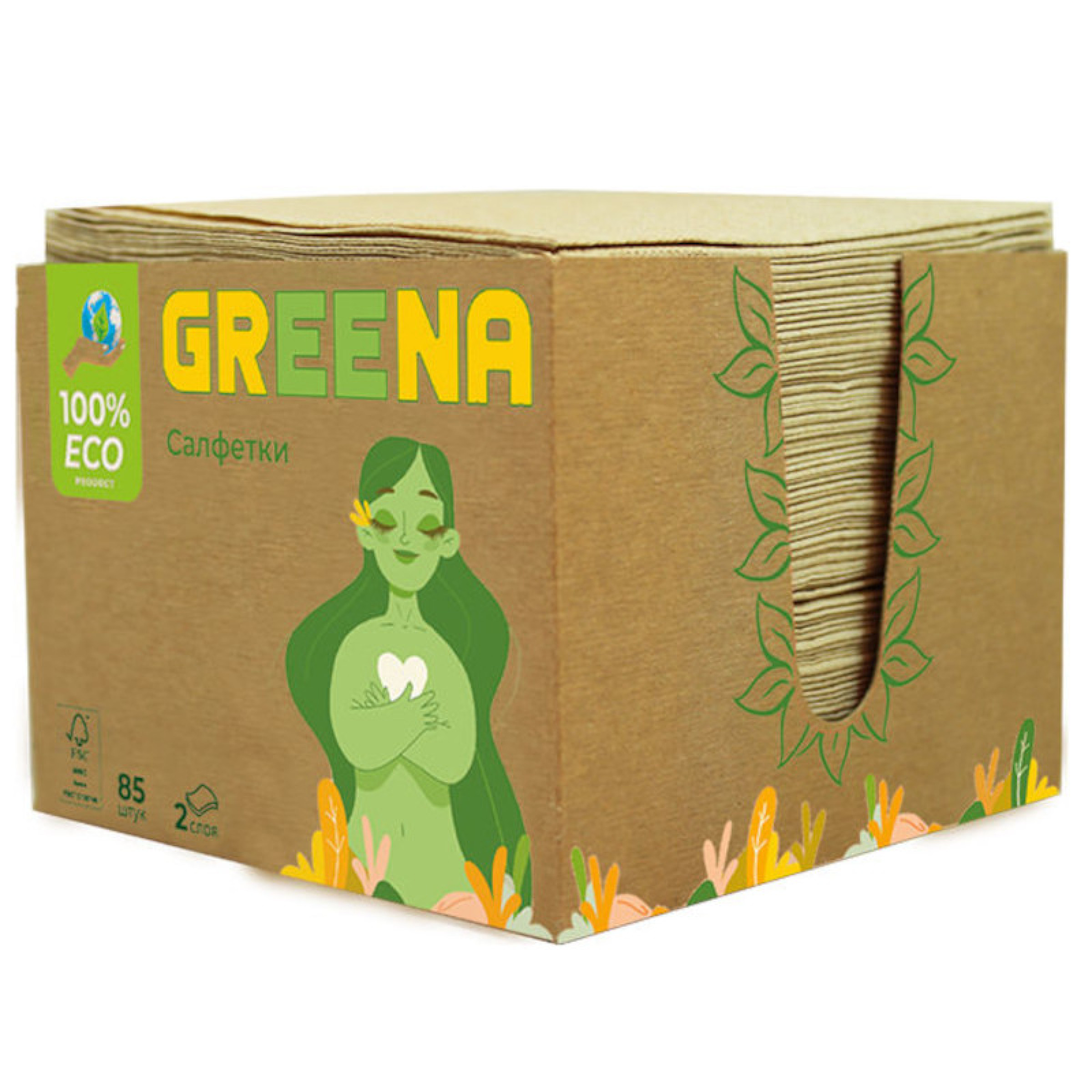 Салфетки бумажные Greena в коробке 2-слойные, 85 листов