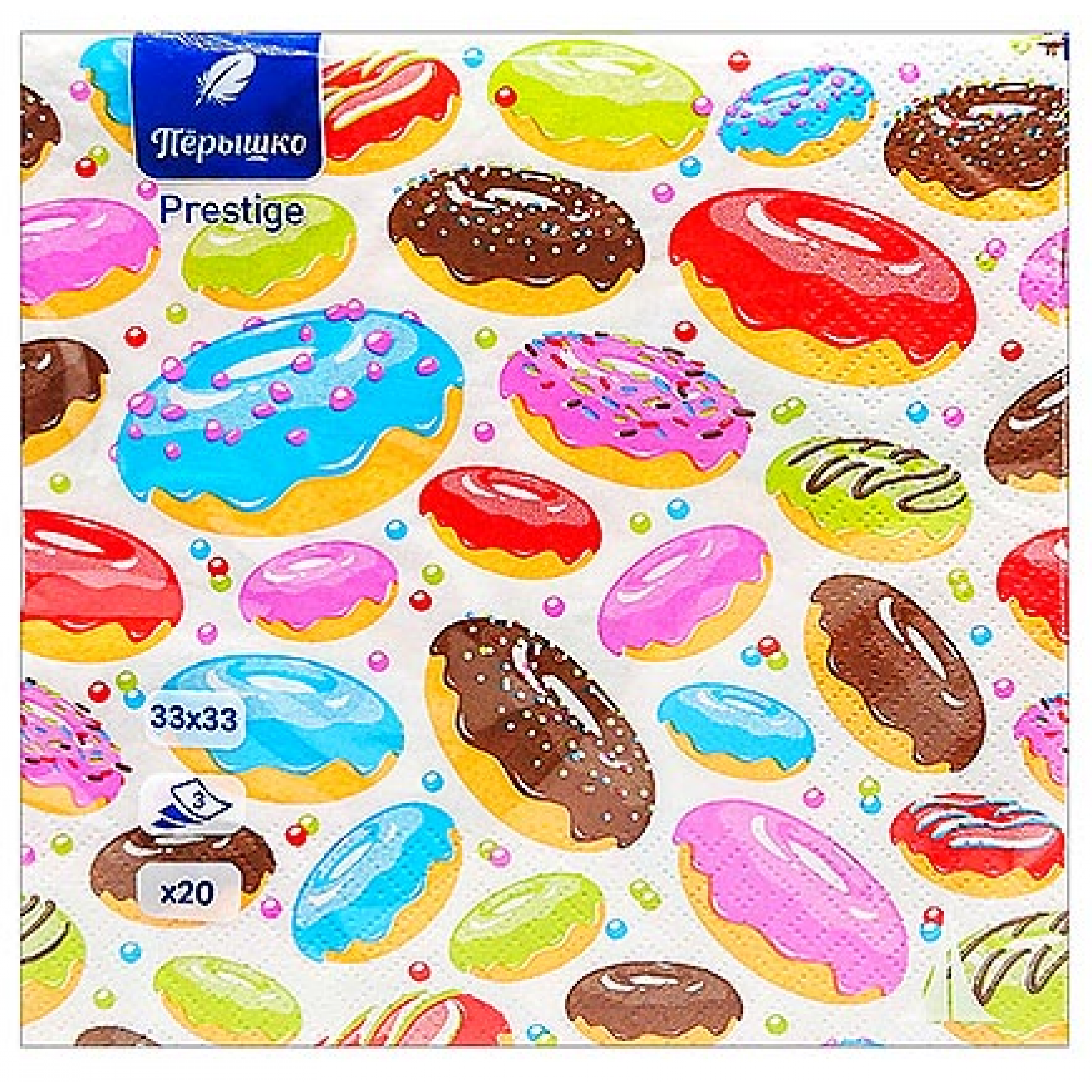 Салфетки бумажные Перышко Prestige Сладкие пончики 3-слойные, 20 листов