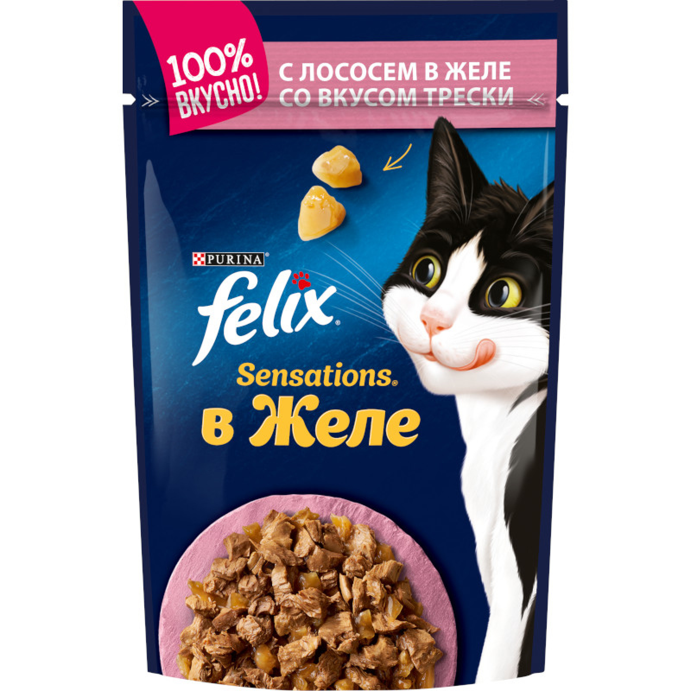 Влажный корм для взрослых кошек Sensations с лососем в желе с добавлением трески 85 г Felix