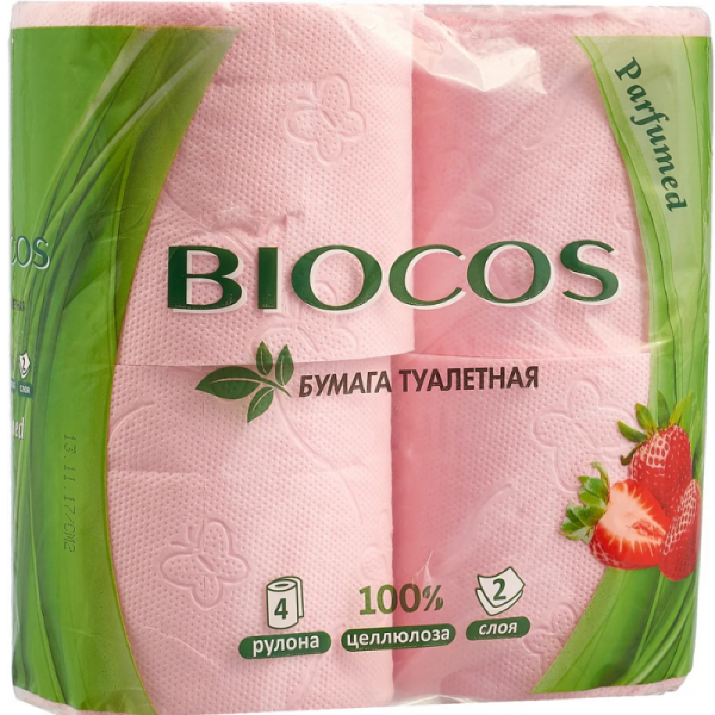 Туалетная бумага BioCos с ароматом клубники, 4 рулона