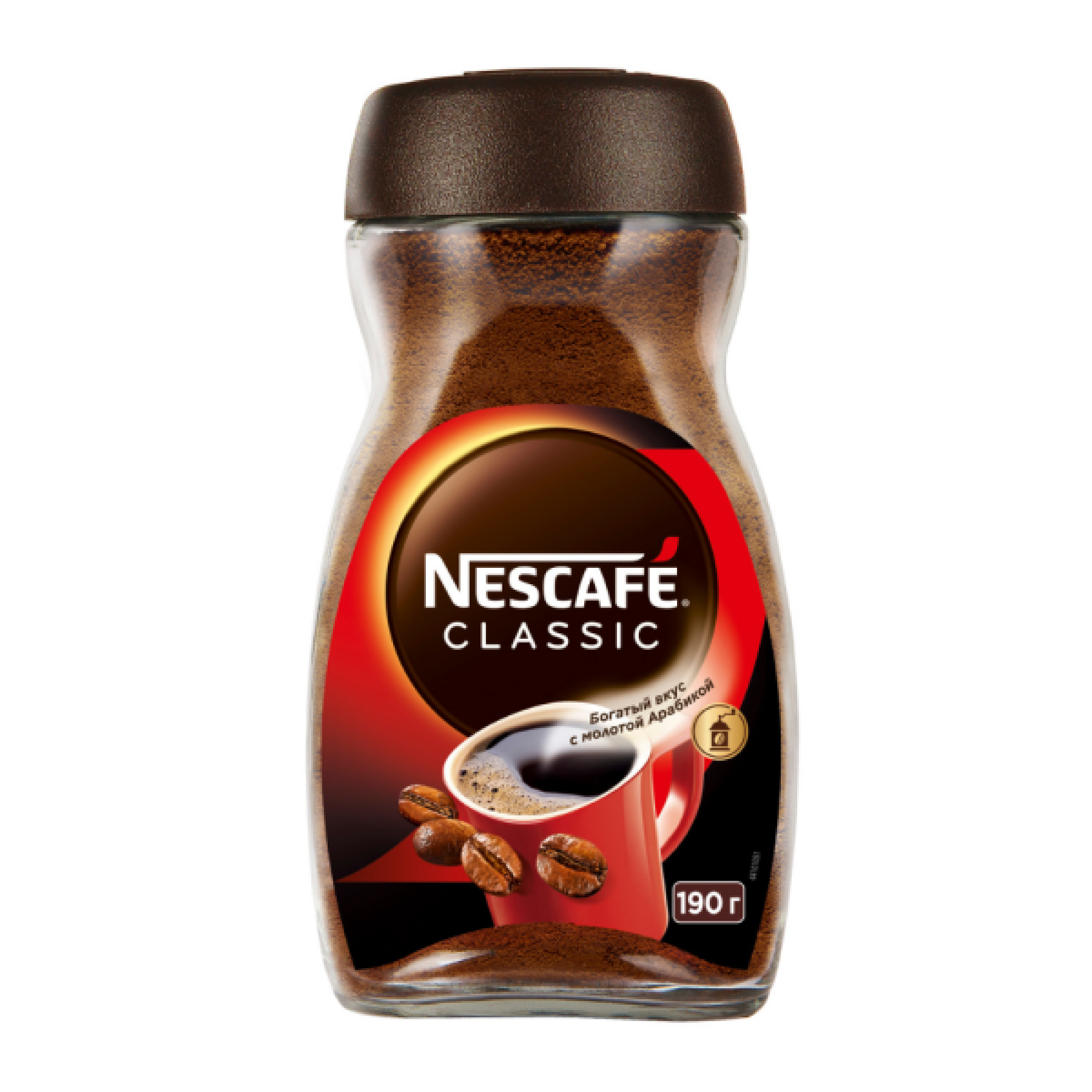 Растворимый кофе NESCAFE Classic. 100% натуральный порошкообразный кофе с добавлением натурального жаренного молотого кофе, 190 г