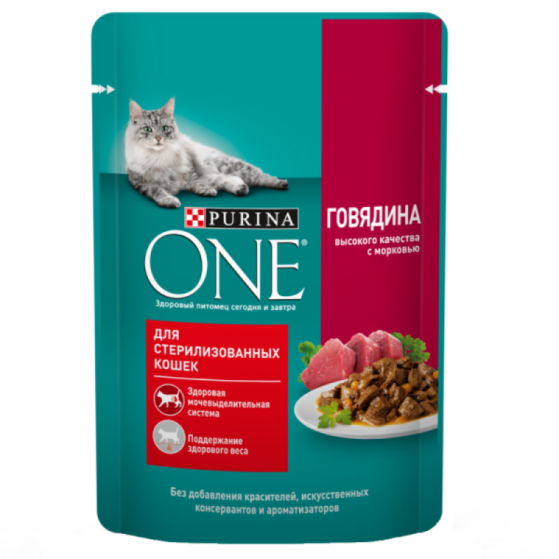 Влажный корм Purina one для взрослых кошек, с говядиной и морковью 75 г.. Корм Пурина Ван для стерилизованных. Purina one паучи. Purina one для кошек пауч.