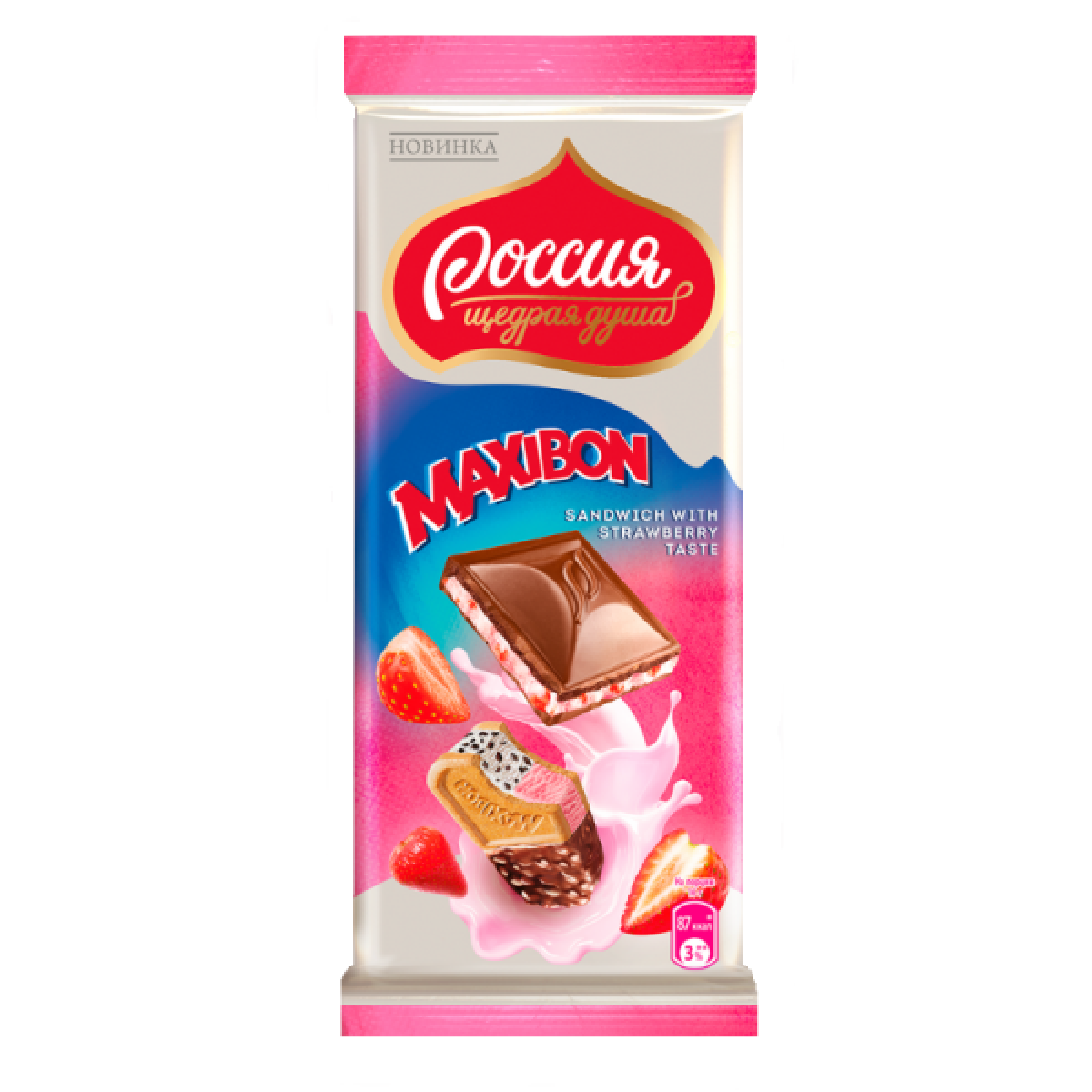 Молочный шоколад Максибон с двухслойной начинкой со вкусом клубники и печенья, Россия - щедрая душа, 80 г