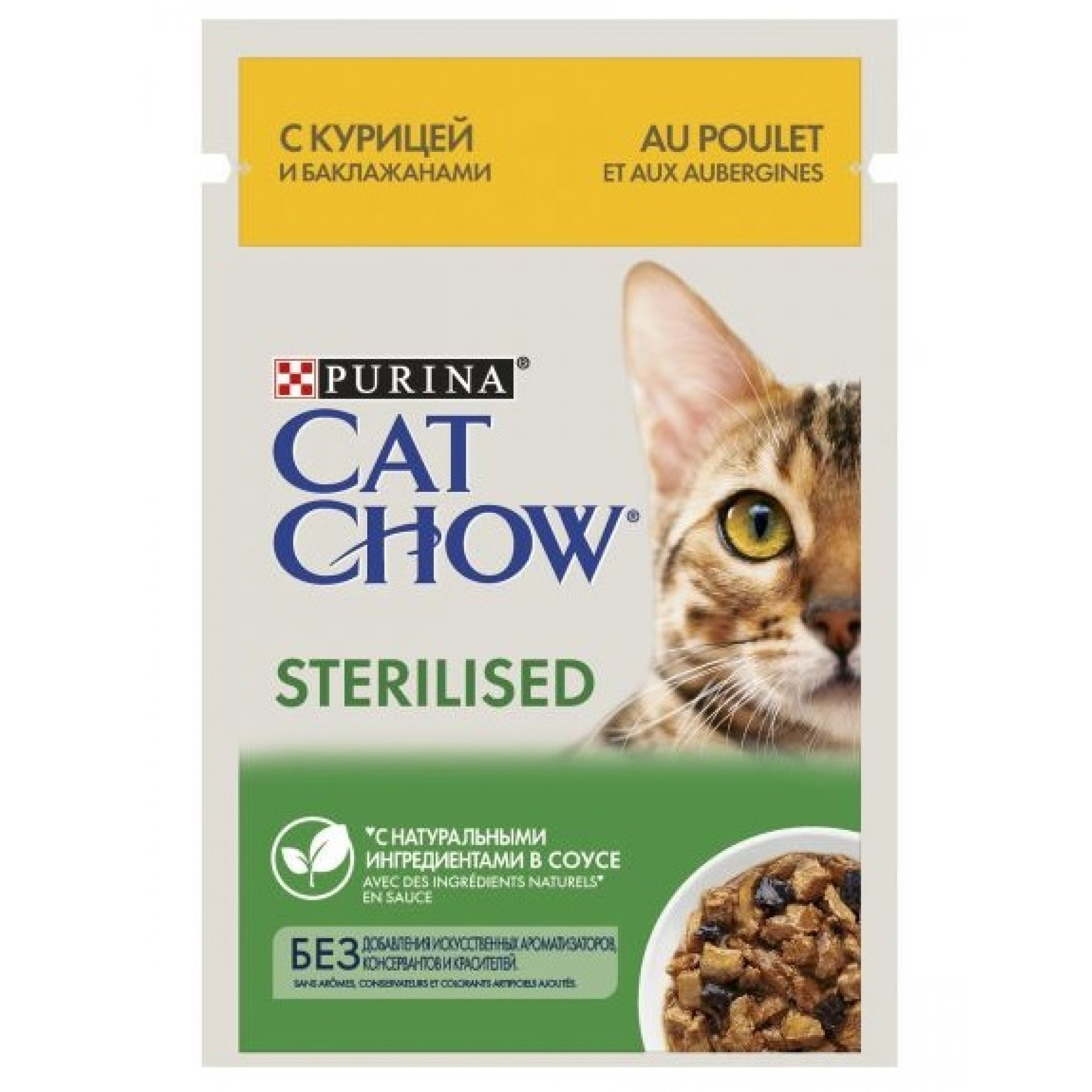 Влажный корм для взрослых стерилизованных кошек и кастрированных котов Cat Chow Sterilized с курицей и баклажанами в соусе 85 г