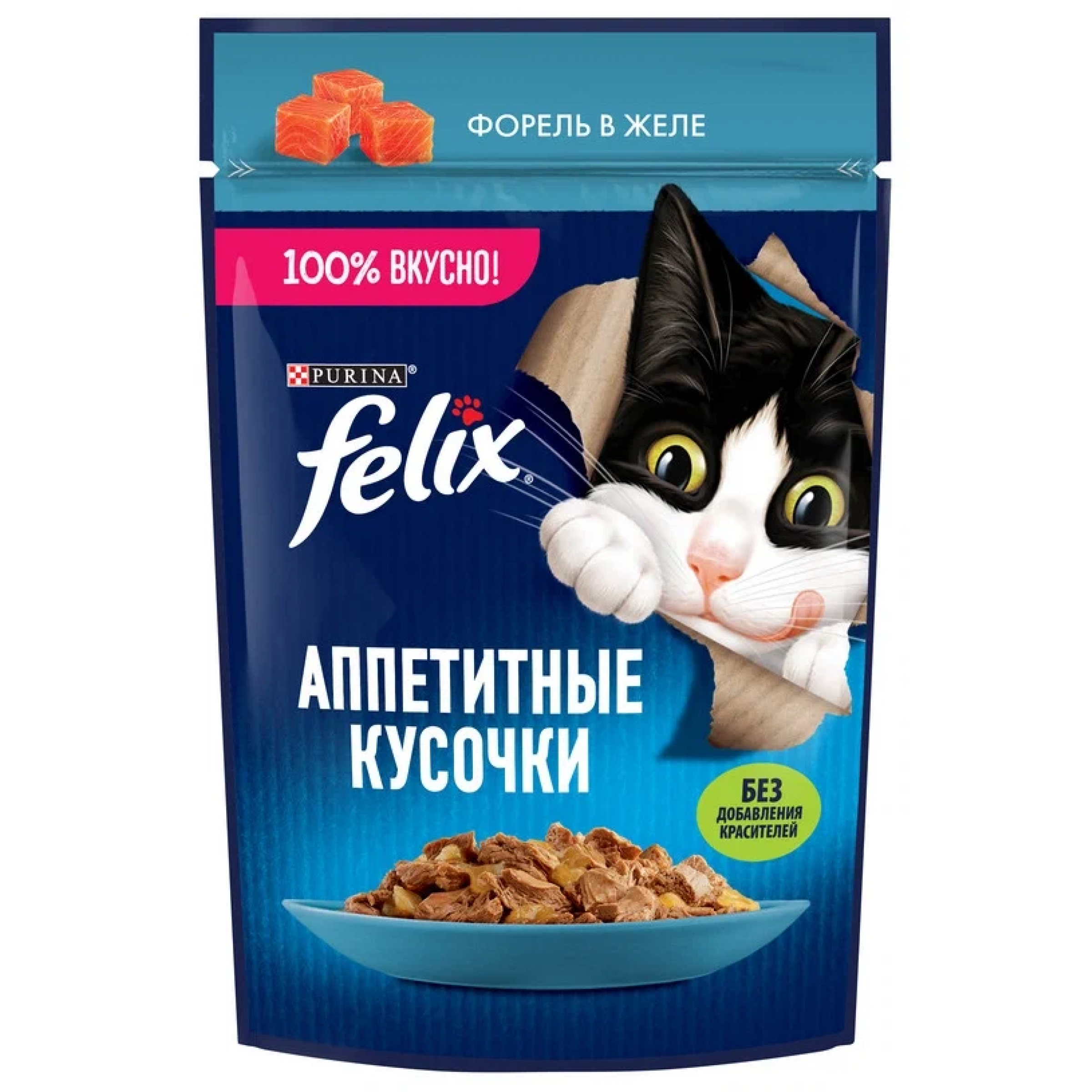 Влажный корм Felix Аппетитные Кусочки для взрослых кошек с форелью в желе, 75 г