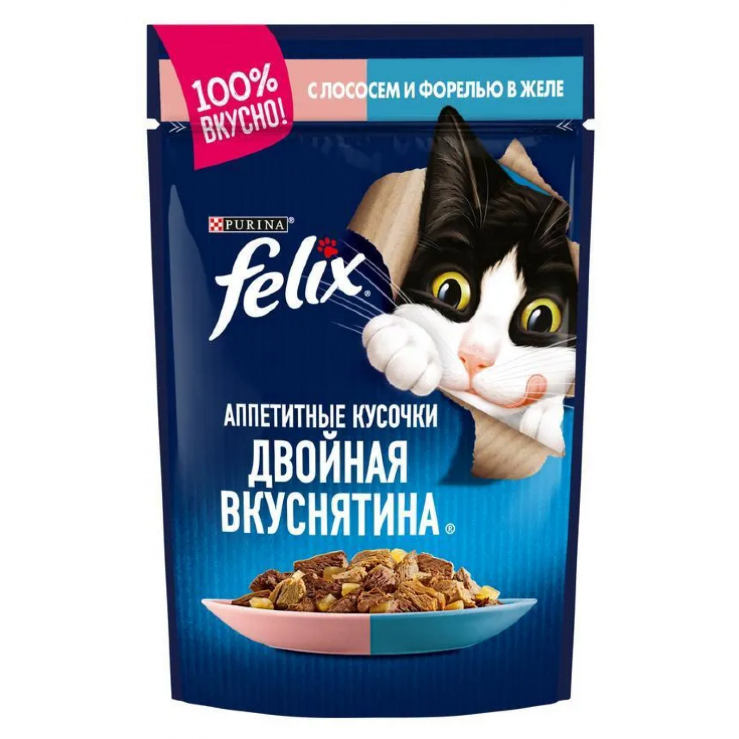 Влажный корм для кошек Felix Аппетитные кусочки. Двойная вкуснятина Лосось и форель 75 г