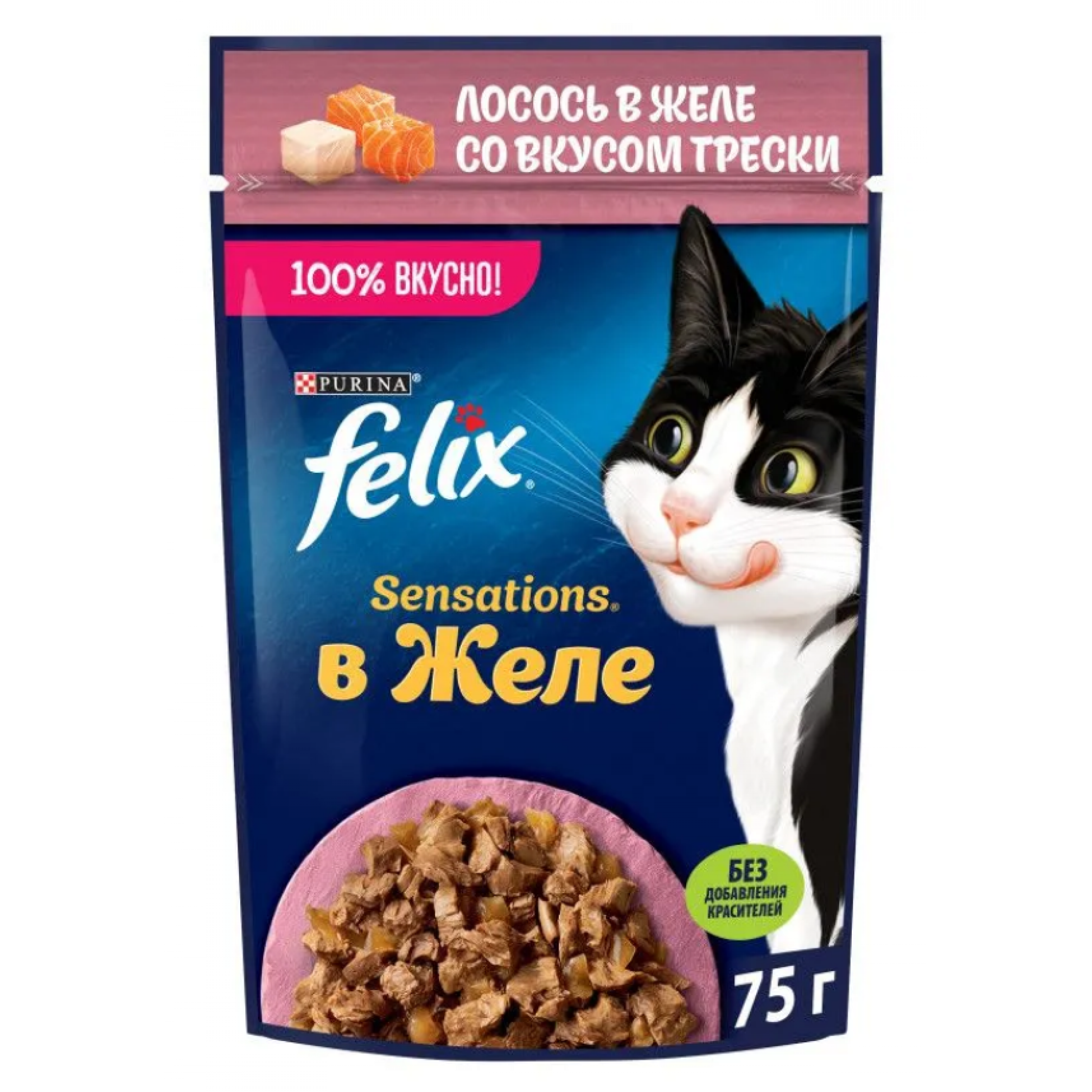 Влажный корм для взрослых кошек Felix Sensations с лососем и треской 75 г