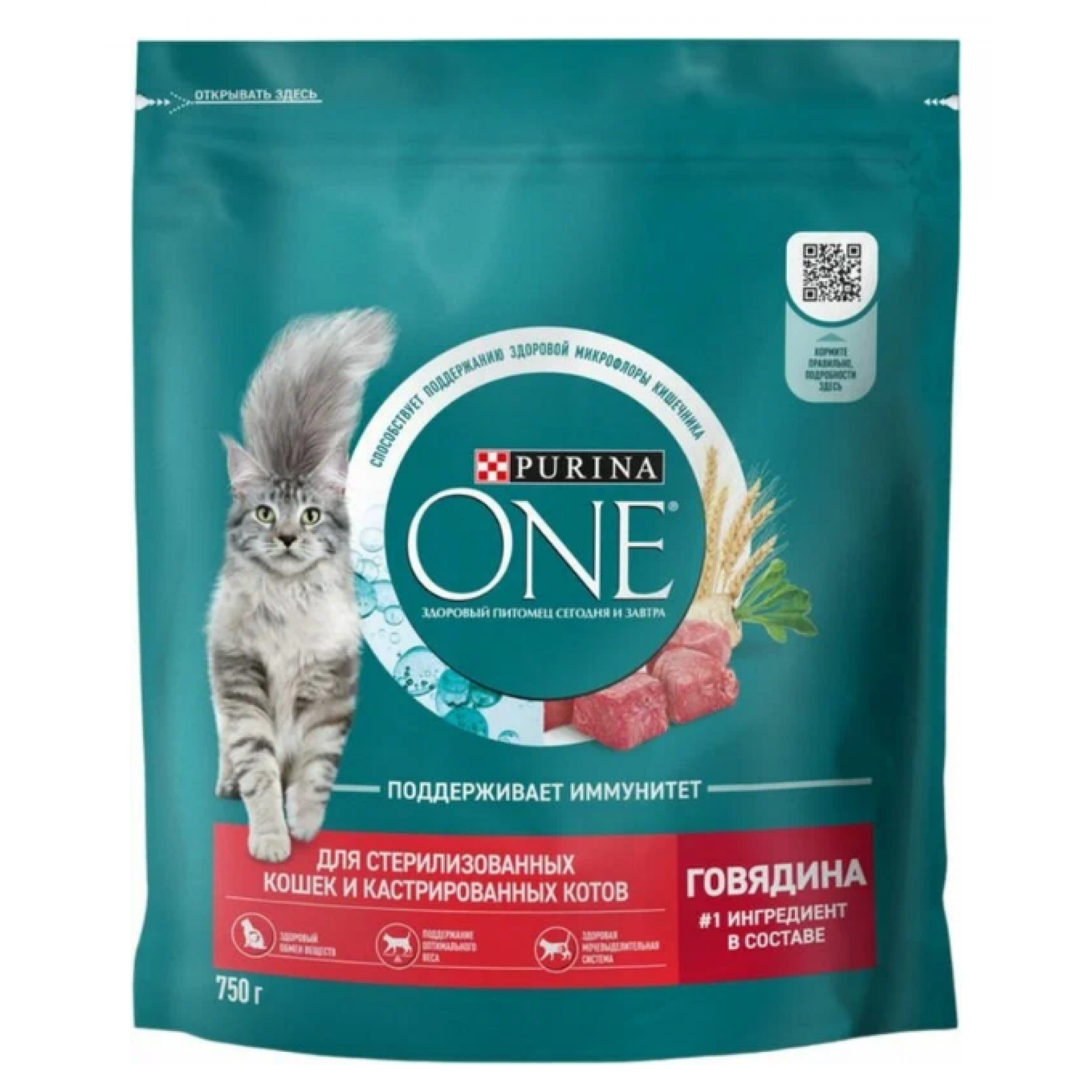 Сухой корм Purina ONЕ для взрослых кошек с говядиной и пшеницей, 750 гр