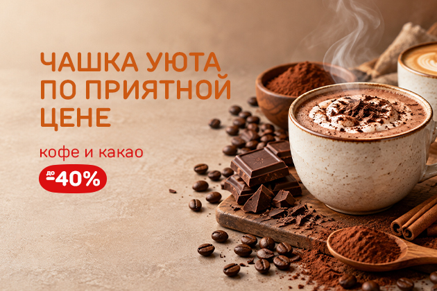 "ЧАШКА УЮТА ПО ПРИЯТНОЙ ЦЕНЕ кофе и какао до -40%"